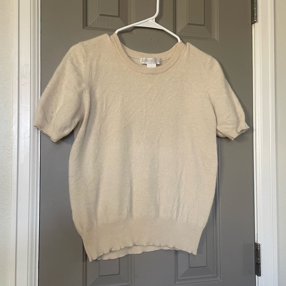 Cashmere Lightweight Sweater Short Sleeve Cream White Vintage Cropped Large